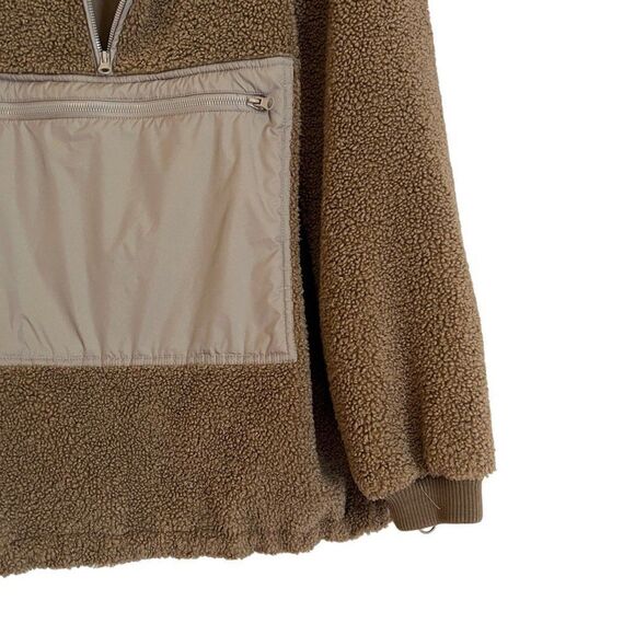 H&M Brown Sherpa Nylon Zipper Pocket Quarter Zip Pull Over Sherpa Jacket - Picture 4 of 7